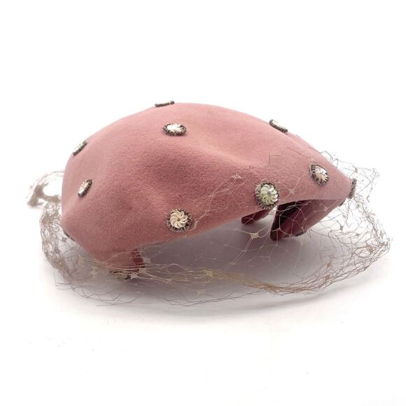 Vintage 1950s Sequin Bead Studded Pink Velour Mesh Veiled Juliet Cap Hat Beret - Picture 2 of 15